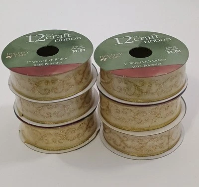 6PC Wired Erch Bow Ribbon Polyester 1'' by 12 Feet Embossed Gold Design Taiwan - Image 1 of 4