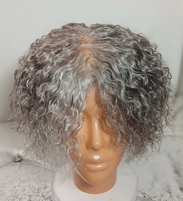 100% Human Hair Topper 8x9” Silver Gray White Curly Natural PU Edge & Full Lace - Image 1 of 4