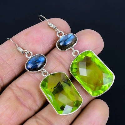 Peridot 925 Silver Plated Handmade Earrings of 2.37" - Image 1 of 3