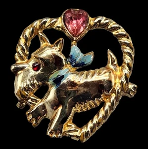 Vtg Scotty Dog Heart Brooch Pink Rhinestone Enamel Terrier Scatter Pin Gold Tone - Picture 1 of 5