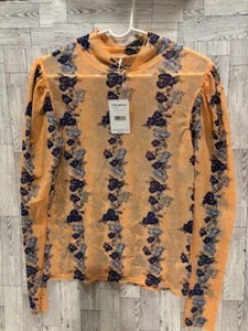 NEW FREE PEOPLE ORANGE BLUE AMBER FLORAL LONG SLEEVE SEMI SHEER TOP SZ L - Picture 1 of 5