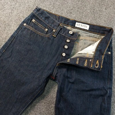 Pantalones de mezclilla Gustin con ribete para hombre 30x34 California ajustados azul oscuro crudo tiro bajo Foto 1 de 4