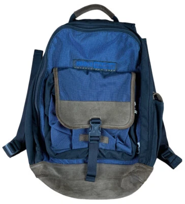 Mochila Eddie Bauer vintage años 90 parte inferior de cuero 3 compartimentos azul/negro Foto 1 de 4