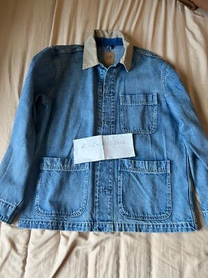 Gap Denim Chore Jacket Pockets Jeans Blue Tan Brown Collar Khaki Utility vtg H M - Image 1 of 4