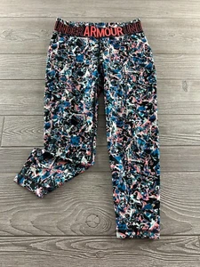 Under Armour Girls HeatGear Armour Ankle Crop Leggings Black Blue Coral Youth - Picture 1 of 8