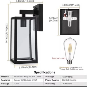 Dusk to Dawn Sensor Outdoor Wall Sconce, Exterior Wall Lantern Fixture with E26 - Picture 1 of 10