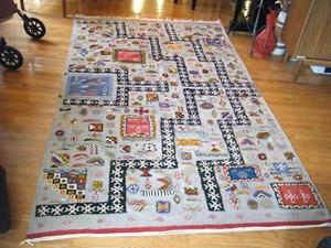Unique 8.5'x5' Morocco Story-telling Wool Rug Hanbel Azilal Kilim Wall Carpet - Picture 1 of 14