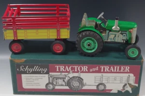 SCHYLLING TRACTOR AND TRAILER TIN MIB WINDUP TOY GREEN WITH BOX MIB WORKING - Picture 1 of 9