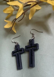 Schwarze Holz Ohrhänger Ohrhänger Kreuz - Neu - Bild 1 von 3