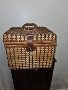 Vintage Wicker Rattan Blue Gingham Lined Picnic Basket/WINERY 12 X 12 X 11 - Picture 1 of 14