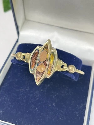 Vintage Hand Crafted Brass Bangle Stone Resin Mosaic Inlaid Cuff Bracelet Boho - Image 1 of 4