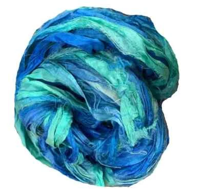 Recycled Sari Silk Ribbon Yarn - Cerulean Blue and Blue - 50 GMS - Boho Ribbon - Image 1 of 4