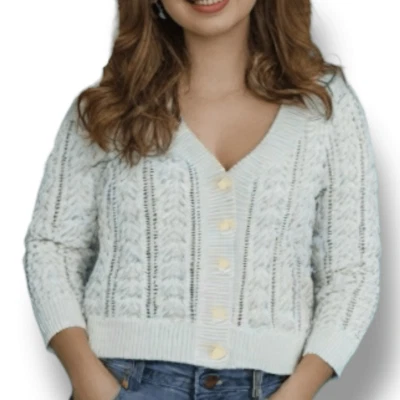 Cardigã suéter vintage anos 90 náutica malha cabo cropped verde pistache pálido - Imagem 1 de 4