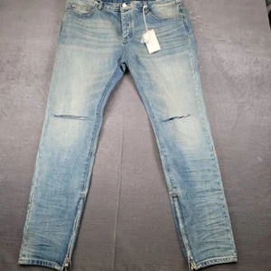 MNML Jeans Herren Distressed Light Wash Denim Reißverschluss Saum Knieschlitz - Bild 1 von 12