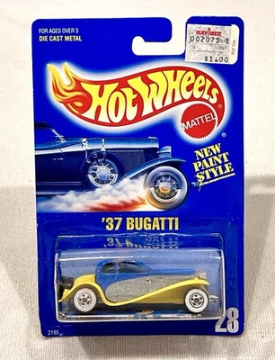 1990's Hot Wheels '37 Bugatti Blue/Gray/Yellow w/ WW MOC No. 28 - Image 1 of 4