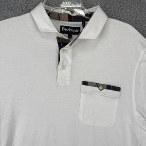 Barbour Polo Shirt Mens Large White Plaid Trim Short Sleeve Pocket Golf - Picture 1 of 9