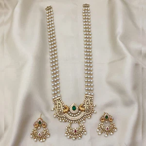 Collana lunga zirconi perle placcati oro gioielli indiani del sud con orecchini abbigliamento festa - Foto 1 di 13