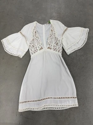 Vintage 70's low V mini dress w/lace, flutter sleevs & deep V neck - Image 1 of 4