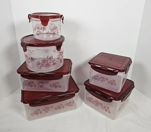 Temptations Plastic Snap Lids Maroon Floral Food Storage Containers Set Of 6 - Picture 1 of 4