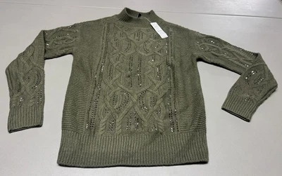 NEW White House Black Market Wool Blend Sweater Olive Green Sequins Sz Small - Image 1 of 4