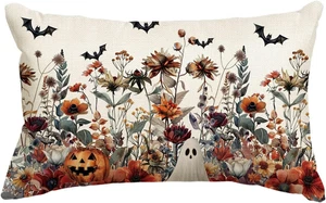 Halloween Horror Wildflowers Throw Pillow Cover, 12 X 20 Inch Pumpkin Ghost Bat - Picture 1 of 12