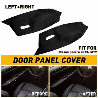 Cubierta del panel de la puerta del reposabrazos de cuero de microfibra negra para Nissan Sentra 2013-19 2X Foto 1 de 4
