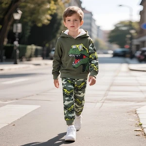 Chicos Chicos Estampado de Dinosaurios Chándal con Capucha Invierno Polar Pullover con Pantalones Conjunto - Imagen 1 de 13