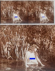 PHOTO STEREO  sur verre NU FEMININ 1900 - 1920  risque sexy nude lesbian / 751 - Imagen 1 de 1
