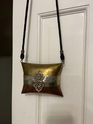 Small Brass Copper Metal Chinese Hinged Pillow Purse Velvet Lined NICE Crossbody - Image 1 of 4