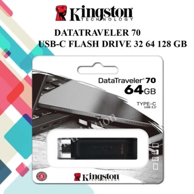 PENDRIVE CHIAVETTA USB C TYPE-C 3.2 32 64 128 GB KINGSTON DT70 MEMORIA OTG DRIVE - Immagine 1 di 4