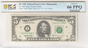 $5 1995 Federal Reserve Note Minneapolis Withrow,Rubin FW I-A PPQ 66Graded GEM - Picture 1 of 2