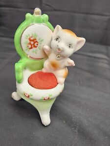 Vintage Porcelain Cat Kitten Sitting On Chair Pin Cushion Hand Painted 4.25”