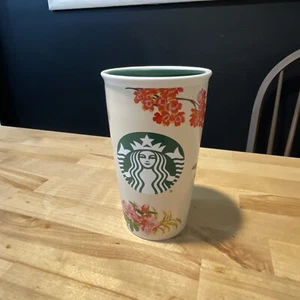 Starbucks Pink Floral Bando Rose Print Ceramic Traveler Tumbler 12 oz - Picture 1 of 12