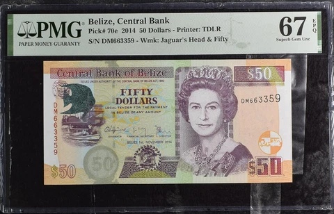 Belize 50 Dollars 2014 P 70 e Superb Gem UNC PMG 67 EPQ Cover