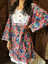 Boho Hippy Gypsy Tunic Blouse Pink Blue Floral Print Cotton Tunic Tops L/XL
