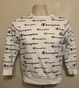 Champion Logo Print Blue Sweatshirt Sz Sm Youth Crew Boys Or Girls White & Blue - Picture 1 of 2
