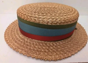 Vintage Men's 1940s Straw Boating Derby Hat w/ Ribbon Band Green Red Size Medium - Picture 1 of 7