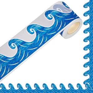66Feet Bulletin Board Borders, Self Adhesive Rolled Border Trim Blue Ocean Waves - Picture 1 of 7