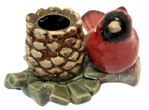 Vintage Kardinal und Tannenzapfen Weihnachten Keramik Kerzenhalter 4,75x3" - Bild 1 von 7