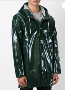 Men's Black PVC Vinyl Biker Motorcycle Coat Hoodie Jacket Wetlook Waterproof - Picture 1 of 3