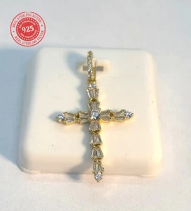 14K Gold über 925 Sterling Silber Kreuz Anhänger Halskette Zirkonia 35mm - Bild 1 von 8