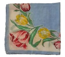 Vintage Ladies' Hankie Ecru Red Yellow Blue Tulip Print Floral Linen 12" Square 