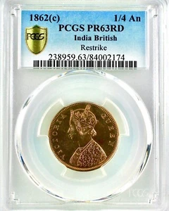 British India 1862 C 1/4 Anna PCGS PR63RD Restrike Proof very rare in Choice RED - Picture 1 of 6