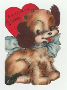 Vintage Valentine Card Cocker Spaniel Puppy Flocked Ears Blue Bow Hallmark - Picture 1 of 3
