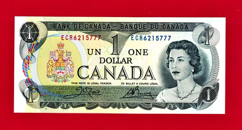One 1 DOLLAR 1973 CANADA UNC Note Sign: Crow-Bouey 3-Letters ECR, Prefix (P-85b) Cover
