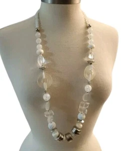 Chicos Silvertone White Acrylic Beaded 36" Long Necklace Lobster Clasp - Picture 1 of 5