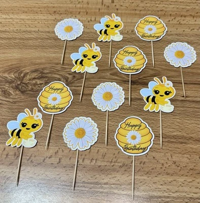 Lindo lote de 12 adornos para cupcakes de abeja y flores niña Foto 1 de 4