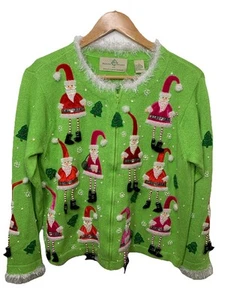 Design Options By Philip &Jane Gordon Santa Christmas Zip Cardigan Sweater Sz L - Picture 1 of 19