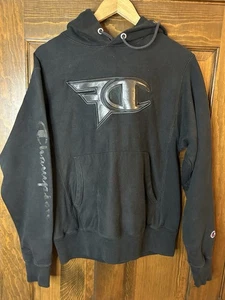 Champion Faze Clan Sweatshirt Mens Small Black Reverse Weave Hoodie Faux Leather - Picture 1 of 5