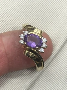18KT YELLOW GOLD RING WITH PURPLE AMETHYST & DIAMONDS SIZE 7.25 WEIGHT 4g - Picture 1 of 17